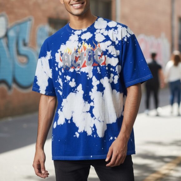 AC/DC Blue and White Tie-Dye Short Sleeve Tee Size Large - Picture 1 of 7